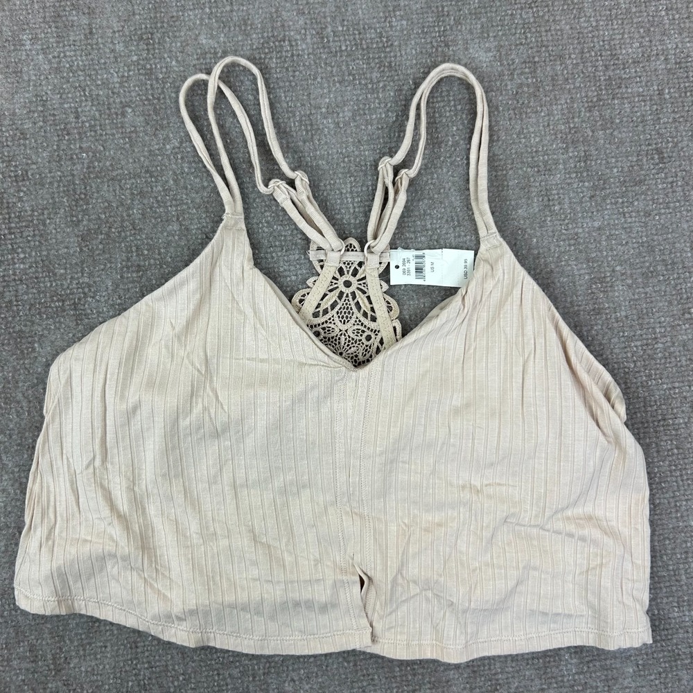 Aerie Ribbed Crop Top Womens Medium Sandalwood‎ Lace Ribbed Spaghetti Straps